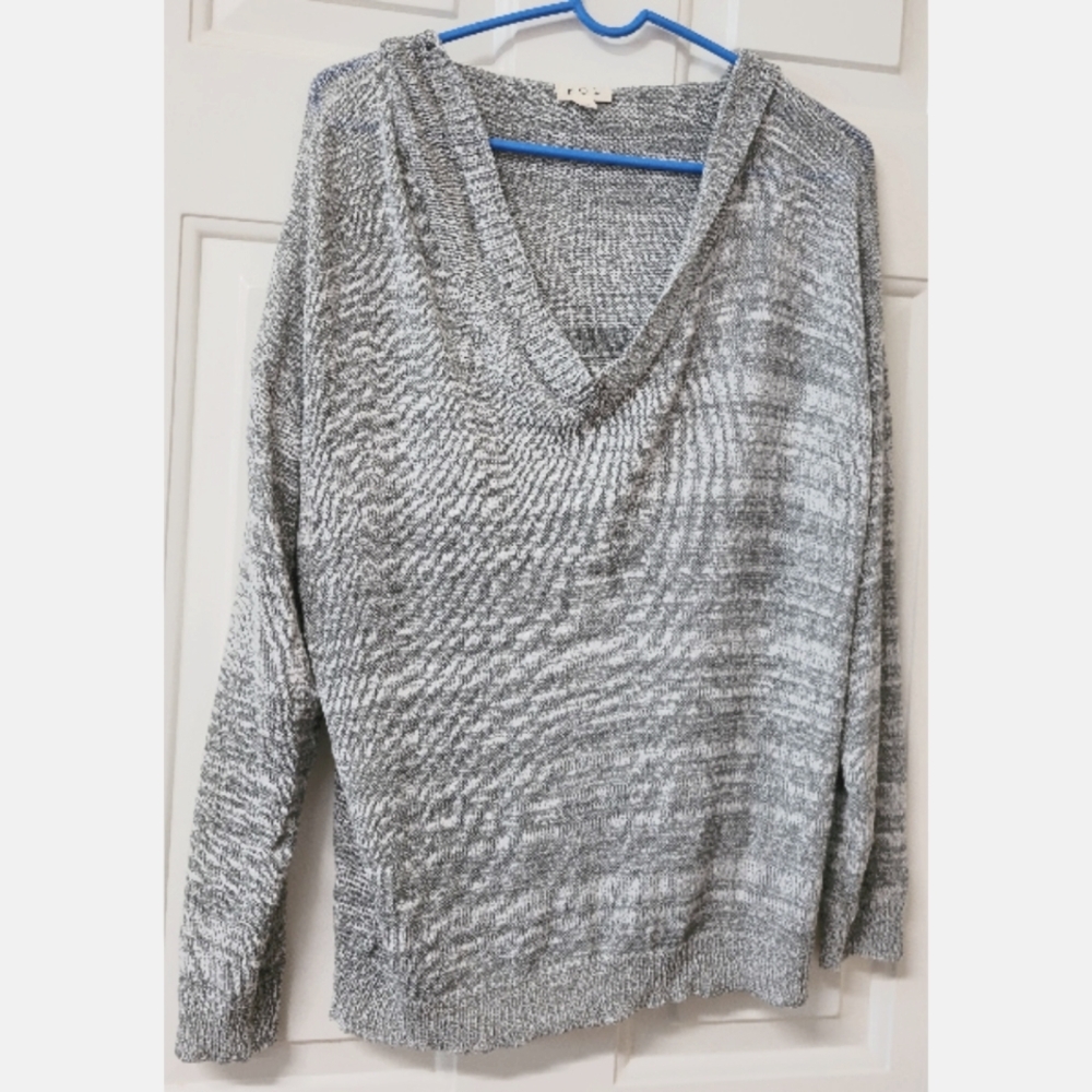 POL V-Neck Open Loose Knit Hoodie Sweater Sz Small S Oversized Gray Stripe NEW